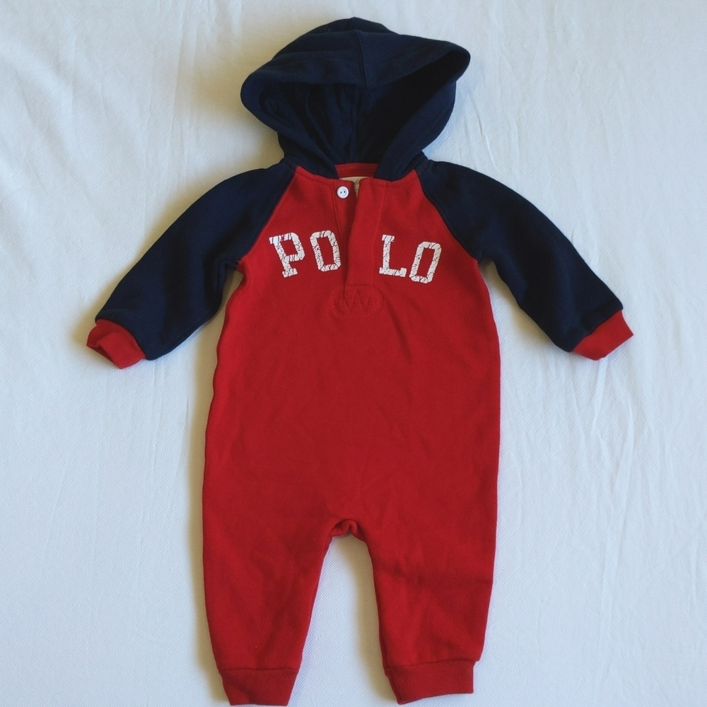 ralph lauren polo color block fleece hoodie jumpsuit 6 months baby boy
